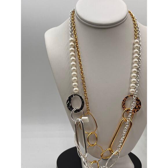 Diane von Furstenberg Mixed Metal Faux Pearl‎ Statement Long Ring Black Necklace - Picture 4 of 8